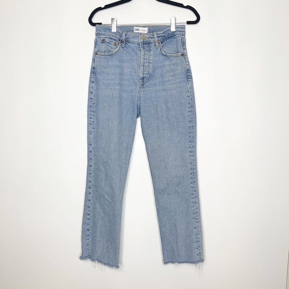 Zara Button Fly Crop Jeans Raw Hem Blue Size 8 - Picture 1 of 8